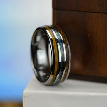 Load image into Gallery viewer, Abalone & Whiskey Barrel Wood Ring Mens Wedding Band Tungsten Ring