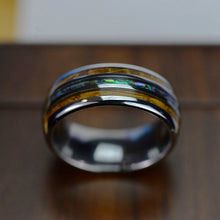 Load image into Gallery viewer, Abalone & Whiskey Barrel Wood Ring Mens Wedding Band Tungsten Ring