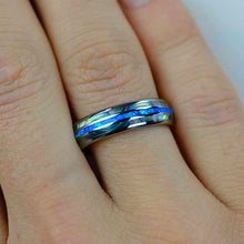 Load image into Gallery viewer, Genuine Australian Blue Fire Opal with Abalone Shell Tungsten Ring