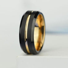 Load image into Gallery viewer, Brushed jet black tungsten band, brilliant 14K gold plating, polished beveled edges, gold center groove, and comfort fit sizing Comes with Free GIFT! MADE IN USA. GILIARTO BRANDED DESIGN- ALL RIGHT RESERVED. Please note, this is a genuine Abalone Shell ring, and has a higher cost than similar copy rings with paper print on Amazon and eBay. Usually this ring gets delivered in up to 3 days in USA.