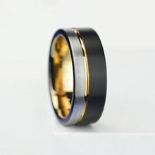 Load image into Gallery viewer, Tungsten Ring Black and Silver Brushed with Yellow Gold Accent