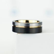Load image into Gallery viewer, Tungsten Ring Black and Silver Brushed with Yellow Gold Accent