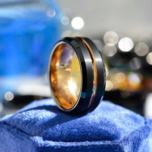 Load image into Gallery viewer, 14K Gold Wedding Band Mens Ring - Yellow Gold Mens Wedding Band Black and Gold Ring Tungsten Wedding Band - Unique Mens Rings Tungsten Ring