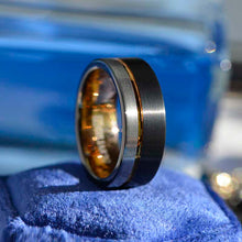 Load image into Gallery viewer, Tungsten Ring Black and Silver Brushed with Yellow Gold Accent, Mens Ring, Mens Wedding Band, Dual color Mens band, Birthday Gift