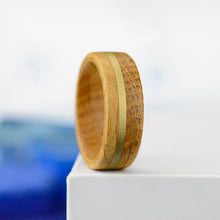 Load image into Gallery viewer, Real Whisky Barrel Wood with copper strip, handmade . Perfect for weddings, graduations, birthdays and other holidays. 8mm wide with high polished comfort fit inner face.