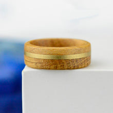 Load image into Gallery viewer, Real Whisky Barrel Wood with copper strip, handmade . Perfect for weddings, graduations, birthdays and other holidays. 8mm wide with high polished comfort fit inner face.