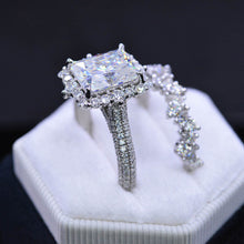 Load image into Gallery viewer, 3Ct Moissanite Engagement Ring Halo Radiant Cut Moissanite Engagement Ring, 9x7mm Radiant Cut Moissanite Engagement Ring with Eternity band