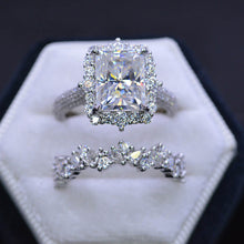Load image into Gallery viewer, 3Ct Moissanite Engagement Ring Halo Radiant Cut Moissanite Engagement Ring, 9x7mm Radiant Cut Moissanite Engagement Ring with Eternity band