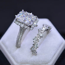 Load image into Gallery viewer, 3Ct Moissanite Engagement Ring Halo Radiant Cut Moissanite Engagement Ring, 9x7mm Radiant Cut Moissanite Engagement Ring with Eternity band