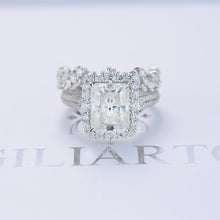 Load image into Gallery viewer, 3Ct Moissanite Engagement Ring Halo Radiant Cut Moissanite Engagement Ring, 9x7mm Radiant Cut Moissanite Engagement Ring with Eternity band