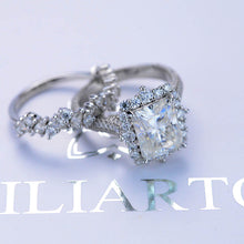 Load image into Gallery viewer, 3Ct Moissanite Engagement Ring Halo Radiant Cut Moissanite Engagement Ring, 9x7mm Radiant Cut Moissanite Engagement Ring with Eternity band