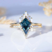 Load image into Gallery viewer, 3 Carat Kite Teal Sapphire Halo 14K Gold Engagement Ring, Eternity Ring Set