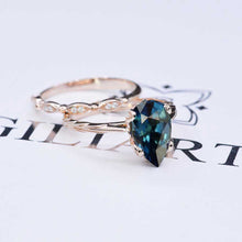 Load image into Gallery viewer, 3 Carat Pear Shaped Teal Sapphire Engagement Eternity Rose Gold Ring Set
