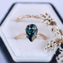 Load image into Gallery viewer, 3 Carat Pear Shaped Teal Sapphire Engagement Eternity Rose Gold Ring Set