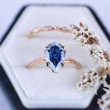 Load image into Gallery viewer, 3 Carat Pear Shaped Dark Gray Blue Moissanite Engagement Eternity Rose Gold Ring Set