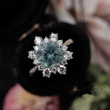 Load image into Gallery viewer, Snowflake Teal Sapphire Ring, 2.0ct Round Cut Teal Sapphire Halo Ring, Solid 14K White Gold Ring