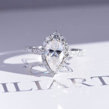 Load image into Gallery viewer, 14K Solid White Gold 3 Carat Halo Pear Cut Moissanite Ring