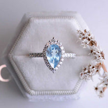Load image into Gallery viewer, 14K Solid White Gold 3 Carat Genuine Natural Aquamarine Pear Cut Halo Genuine Natural Aquamarine Ring