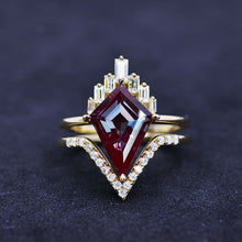 Load image into Gallery viewer, 14K Gold 4 Carat Kite Alexandrite Halo Engagement Ring, Eternity Ring Set