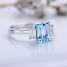 Load image into Gallery viewer, 2Ct Emerald cut Aquamarine ring, Aquamarine three stone ring, natural aquamarine and moissanite ring, genuine aquamarine emerald cut ring
