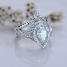 Load image into Gallery viewer, 14K White Gold 1.5 Carat Pear Moissanite Halo Twisted Engagement Ring Eternity Ring Set