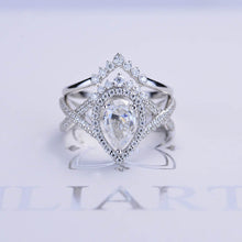 Load image into Gallery viewer, 14K White Gold 1.5 Carat Pear Moissanite Halo Twisted Engagement Ring Eternity Ring Set