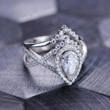 Load image into Gallery viewer, 14K White Gold 1.5 Carat Pear Moissanite Halo Twisted Engagement Ring Eternity Ring Set