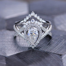 Load image into Gallery viewer, 14K White Gold 1.5 Carat Pear Moissanite Halo Twisted Engagement Ring Eternity Ring Set
