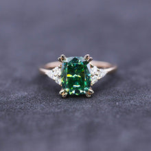 Load image into Gallery viewer, 2.5Ct Cushion Green Moissanite Vintage Engagement Ring, Cushion Moissanite Engagement Ring, Marquise Side Accents Stones 14K Rose Gold Ring