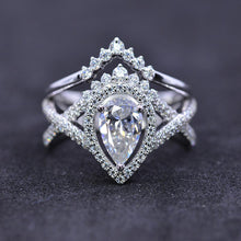Load image into Gallery viewer, 14K White Gold 1 Carat Pear Moissanite Halo Twisted Engagement Ring Eternity Ring Set