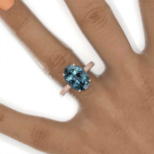 Load image into Gallery viewer, 8 Carat Oval Cut 14x10mm Teal Sapphire Hidden Halo Rose Gold Engagement Ring