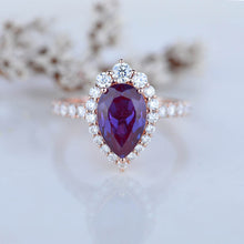Load image into Gallery viewer, 14K Solid White Gold 3 Carat Alexandrite Pear Cut Halo  Moissanite Ring