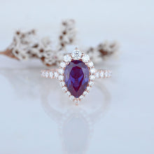 Load image into Gallery viewer, 14K Solid White Gold 3 Carat Alexandrite Pear Cut Halo  Moissanite Ring