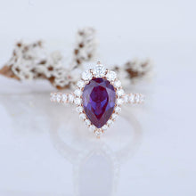 Load image into Gallery viewer, 14K Solid White Gold 3 Carat Alexandrite Pear Cut Halo  Moissanite Ring