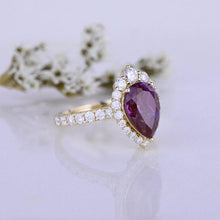 Load image into Gallery viewer, 14K Solid White Gold 3 Carat Alexandrite Pear Cut Halo  Moissanite Ring