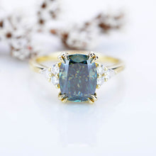 Load image into Gallery viewer, 2.5Ct Cushion Green Moissanite Vintage Engagement Ring, Cushion Moissanite Engagement Ring, Marquise Side Accents Stones 14K Rose Gold Ring