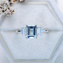 Load image into Gallery viewer, 3Ct Emerald cut Aquamarine ring, Aquamarine three stone ring, natural aquamarine and moissanite ring, genuine aquamarine emerald cut ring