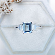 Load image into Gallery viewer, 3Ct Emerald cut Aquamarine ring, Aquamarine three stone ring, natural aquamarine and moissanite ring, genuine aquamarine emerald cut ring