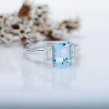 Load image into Gallery viewer, 3Ct Emerald cut Aquamarine ring, Aquamarine three stone ring, natural aquamarine and moissanite ring, genuine aquamarine emerald cut ring