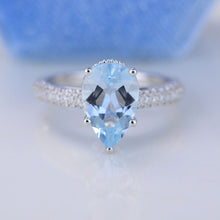 Load image into Gallery viewer, 4 Carat Pear Cut Aquamarine Hidden Halo Gold Engagement Ring