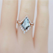 Load image into Gallery viewer, 14K Gold 5 Carat Kite Genuine Natural Aquamarine Halo Engagement Ring, Eternity Ring Set. Fairy Tale Non-traditional Ring