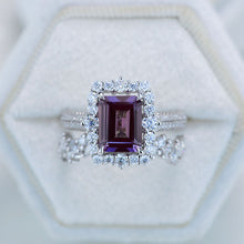Load image into Gallery viewer, 3Ct Alexandrite Engagement Ring Halo Emerald Cut Alexandrite Engagement Ring, 9x7mm Step Cut Alexandrite Engagement Ring with Eternity Band