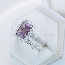 Load image into Gallery viewer, 3Ct Alexandrite Engagement Ring Halo Emerald Cut Alexandrite Engagement Ring, 9x7mm Step Cut Alexandrite Engagement Ring with Eternity Band