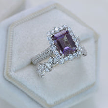 Load image into Gallery viewer, 3Ct Alexandrite Engagement Ring Halo Emerald Cut Alexandrite Engagement Ring, 9x7mm Step Cut Alexandrite Engagement Ring with Eternity Band