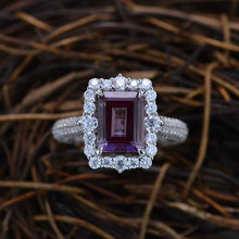Load image into Gallery viewer, 3Ct Alexandrite Engagement Ring Halo Emerald Cut Alexandrite Engagement Ring, 9x7mm Step Cut Alexandrite Engagement Ring with Eternity Band