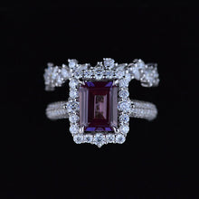Load image into Gallery viewer, 3Ct Alexandrite Engagement Ring Halo Emerald Cut Alexandrite Engagement Ring, 9x7mm Step Cut Alexandrite Engagement Ring with Eternity Band