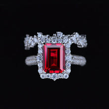 Load image into Gallery viewer, 3Ct Ruby Engagement Ring Halo Emerald Cut Ruby Engagement Ring, 9x7mm Step Cut Ruby Engagement Ring with Eternity Band