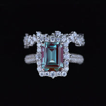 Load image into Gallery viewer, 3Ct Alexandrite Engagement Ring Halo Emerald Cut Alexandrite Engagement Ring, 9x7mm Step Cut Alexandrite Engagement Ring with Eternity Band