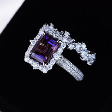 Load image into Gallery viewer, 4Ct Alexandrite Engagement Ring Halo Emerald Cut Alexandrite Engagement Ring, 10x8mm Step Cut Alexandrite Engagement Ring with Eternity Band