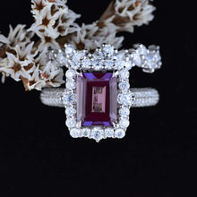 Load image into Gallery viewer, 3Ct Alexandrite Engagement Ring Halo Emerald Cut Alexandrite Engagement Ring, 9x7mm Step Cut Alexandrite Engagement Ring with Eternity Band